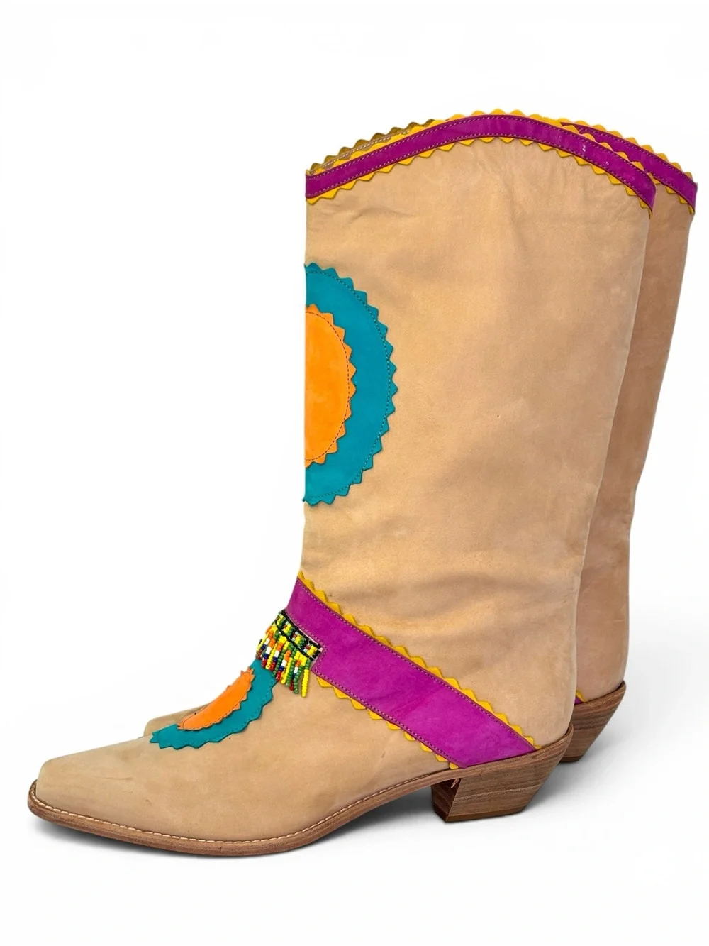 Vintage Biondini Beige Leather Embellished Boots with Turquoise & Orange Accents
